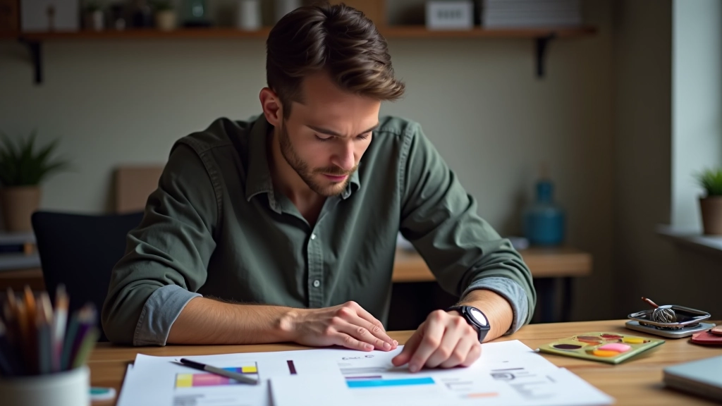 Designer travaillant sur designs graphiques, écran affichant outils de création, palette de couleurs et sketches papier