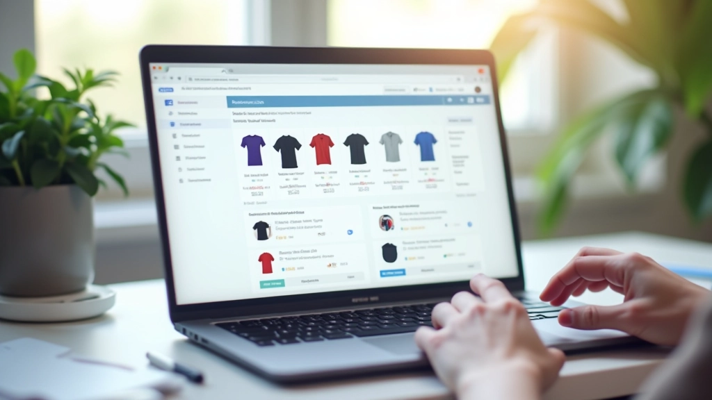 Interface de plateforme e-commerce avec catalogue de produits d'impression personnalisés, mockups de t-shirts et tasses, écran ordinateur