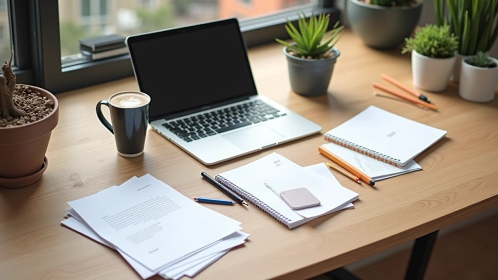 Environnement de travail moderne avec ordinateur portable, café et matériel de création de contenu