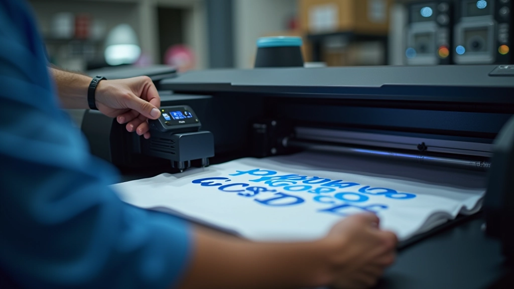 Imprimante professionnelle produisant des t-shirts personnalisés, design en couleurs vives, environment atelier moderne