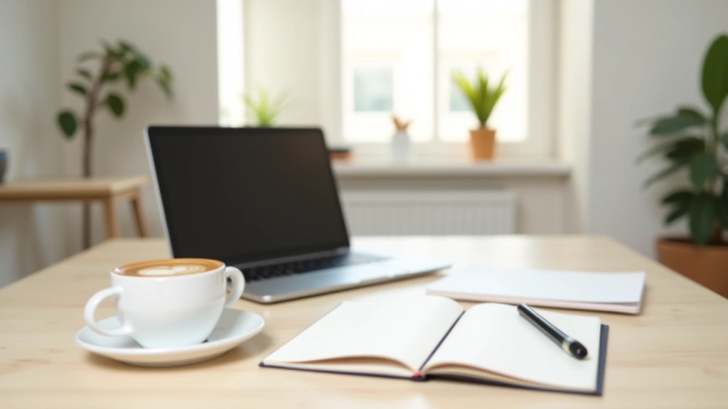 Espace de travail moderne avec ordinateur portable, cahier et café sur un bureau en bois clair, lumière naturelle du jour, focus net